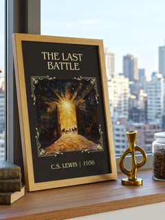The Last Battle Classic Book Art Print by C. S. Lewis – framed print on a city-view windowsill
