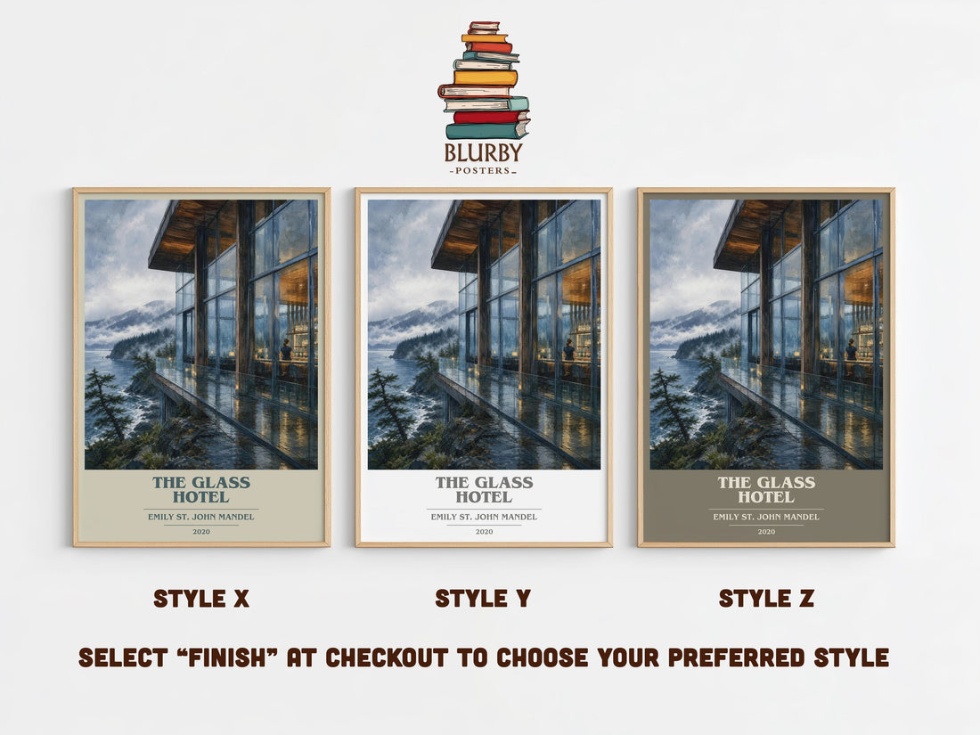 The Glass Hotel book cover print in frame leaning in hallway – literary fiction wall art (mockup)