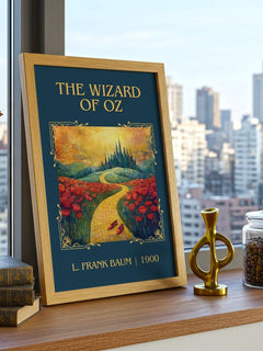 The Wizard Of Oz Classic Book Art Print by L. Frank Baum – framed print on a city-view windowsill