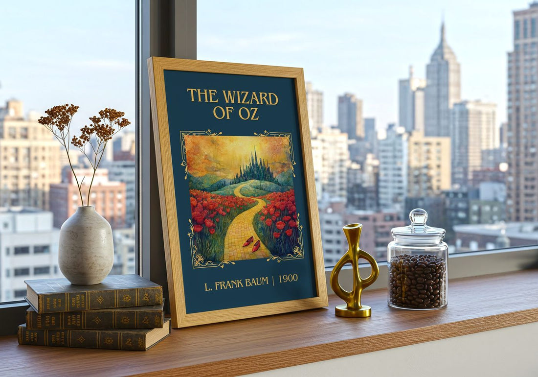 The Wizard Of Oz Classic Book Art Print by L. Frank Baum – framed print on a city-view windowsill