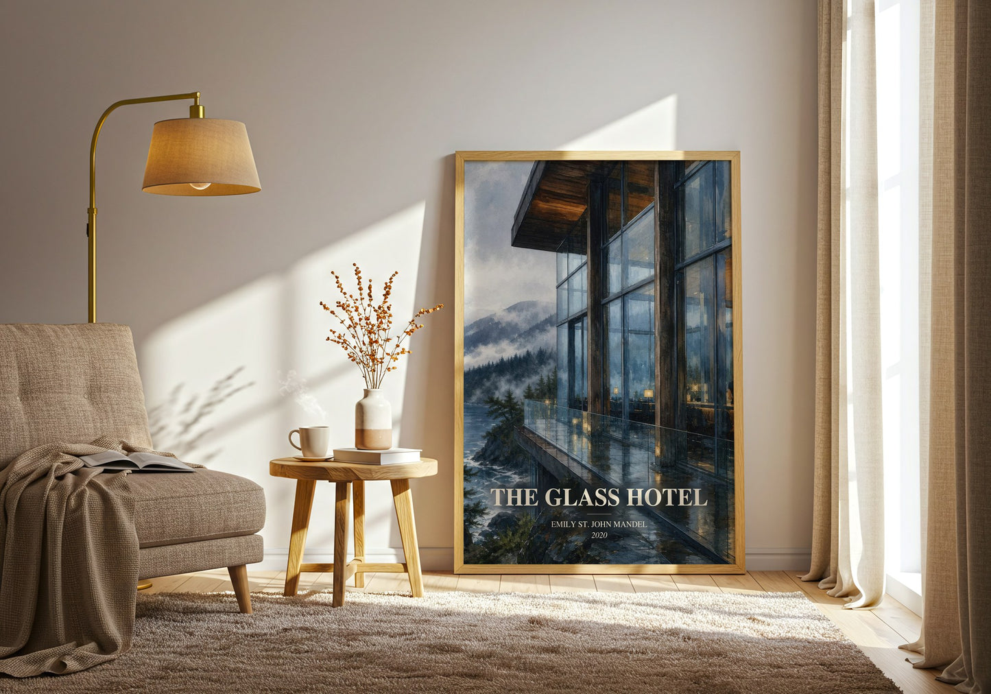 The Glass Hotel watercolour print in frame leaning in hallway – literary fiction wall art