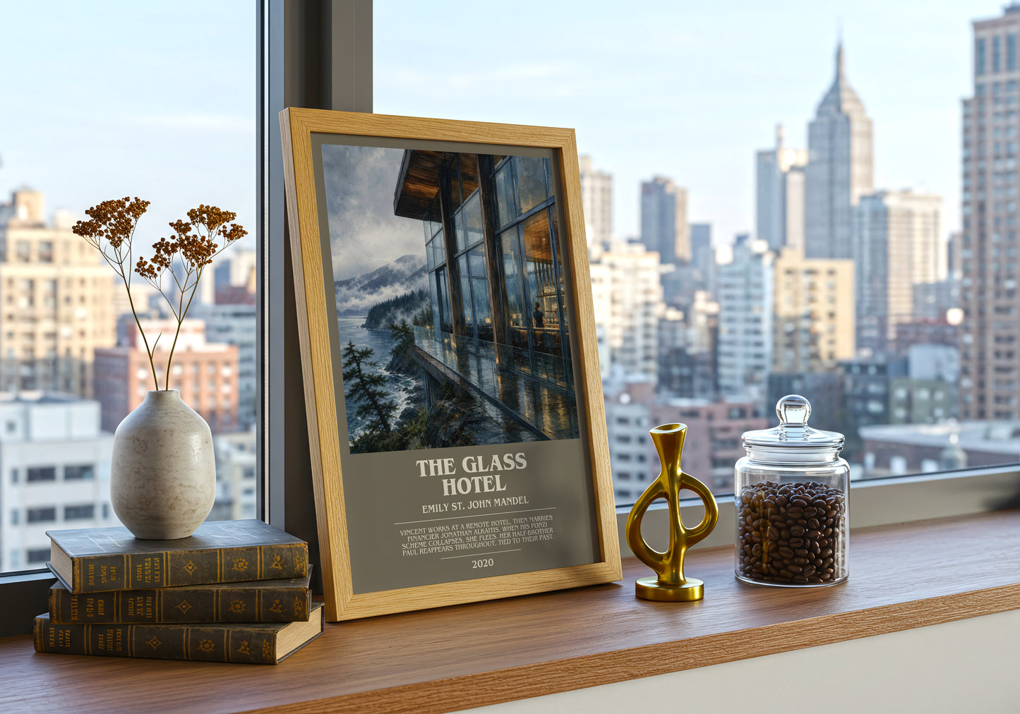 The Glass Hotel bookish print framed by window – literary home decor