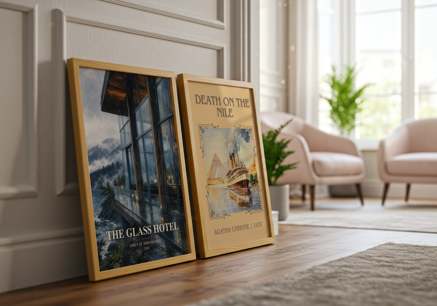 The Glass Hotel watercolour print framed by window – literary home decor