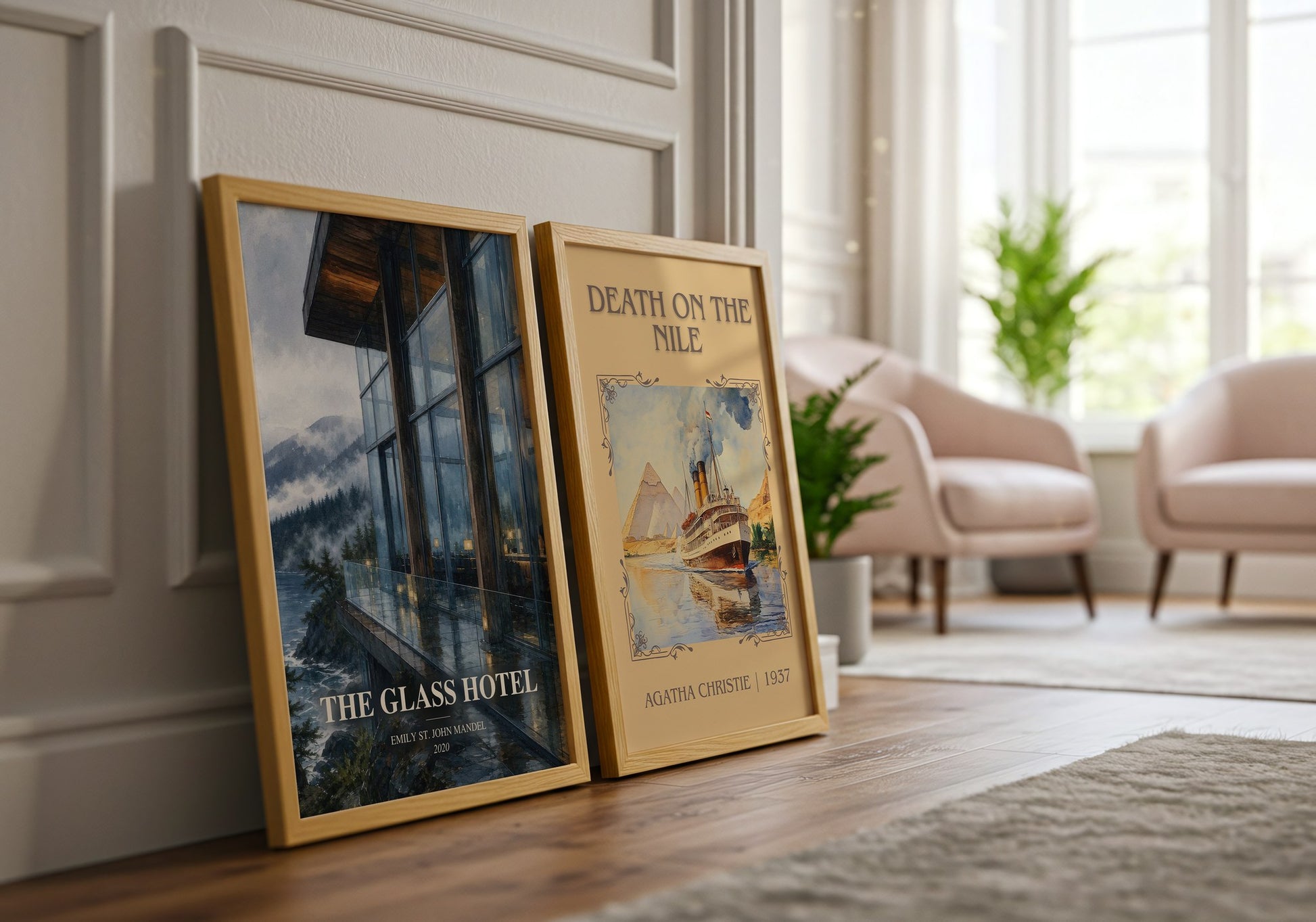 The Glass Hotel watercolour print framed by window – literary home decor