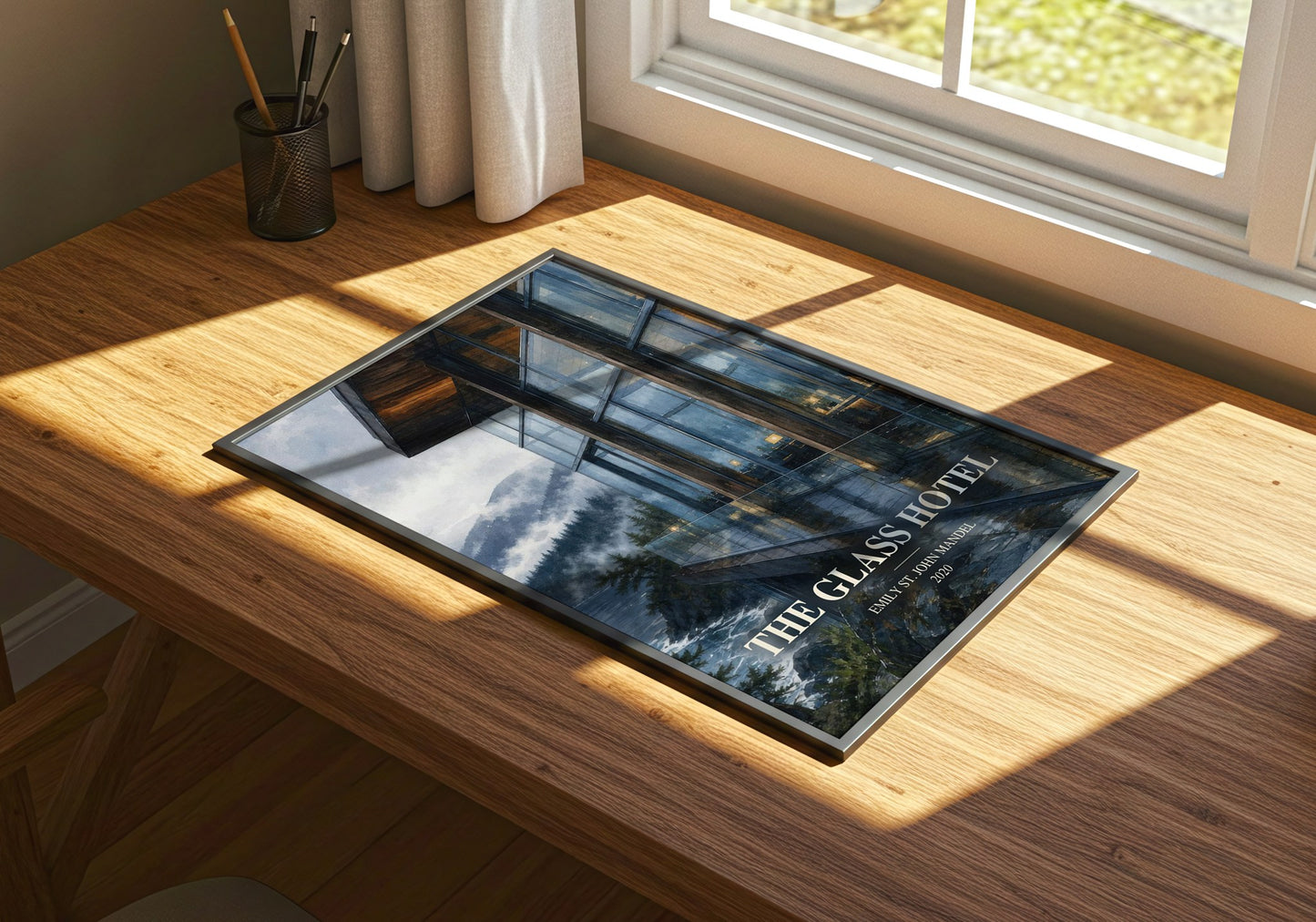 The Glass Hotel watercolour book poster framed on wall – literary fiction wall art