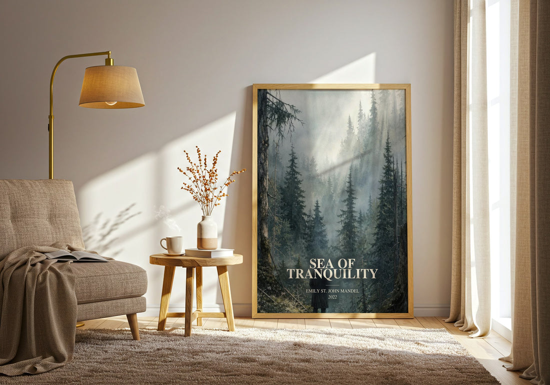 Sea Of Tranquility watercolour print in frame leaning in hallway – sci fi wall art (mockup)
