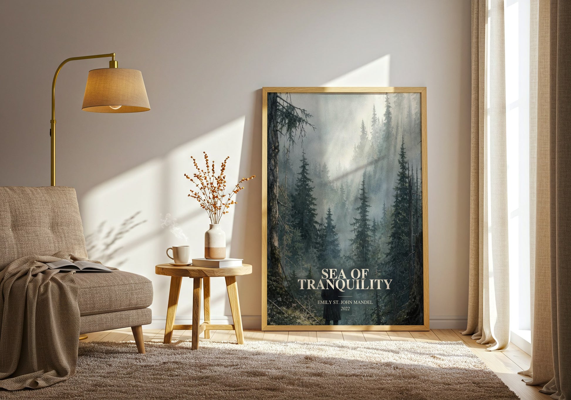 Sea Of Tranquility watercolour print in frame leaning in hallway – sci fi wall art