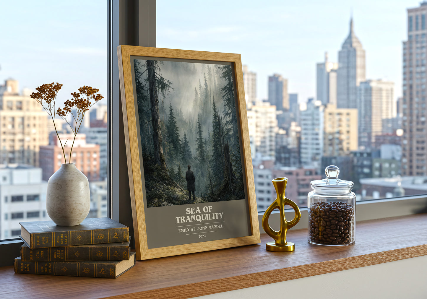 Sea Of Tranquility book cover print framed by window – literary home decor