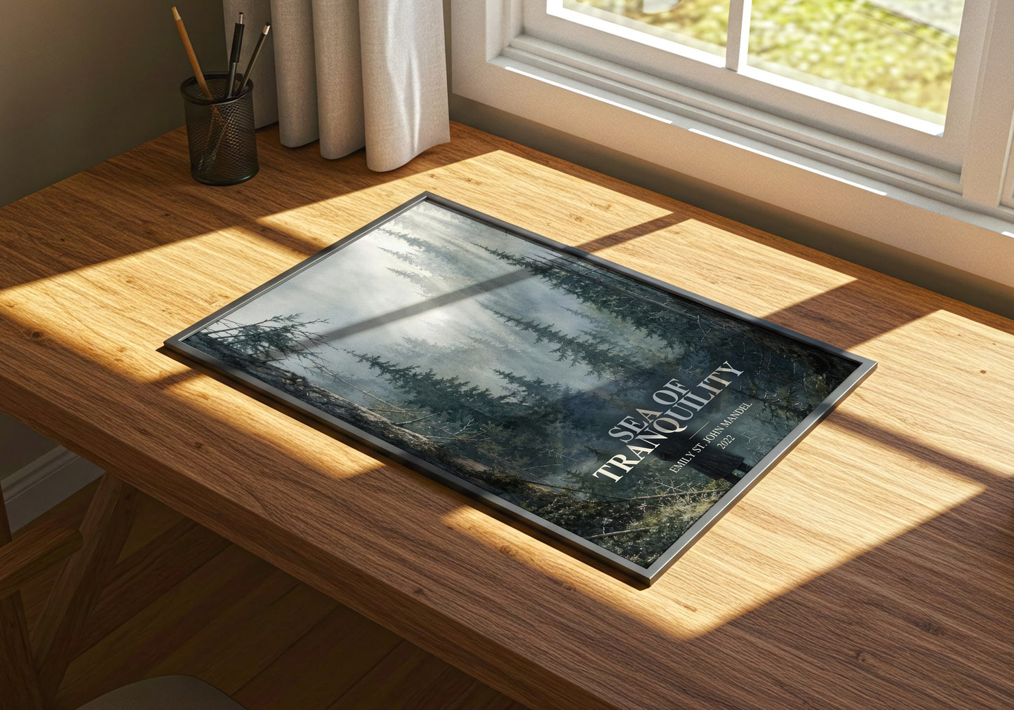 Sea Of Tranquility watercolour book poster framed on wall – sci fi wall art