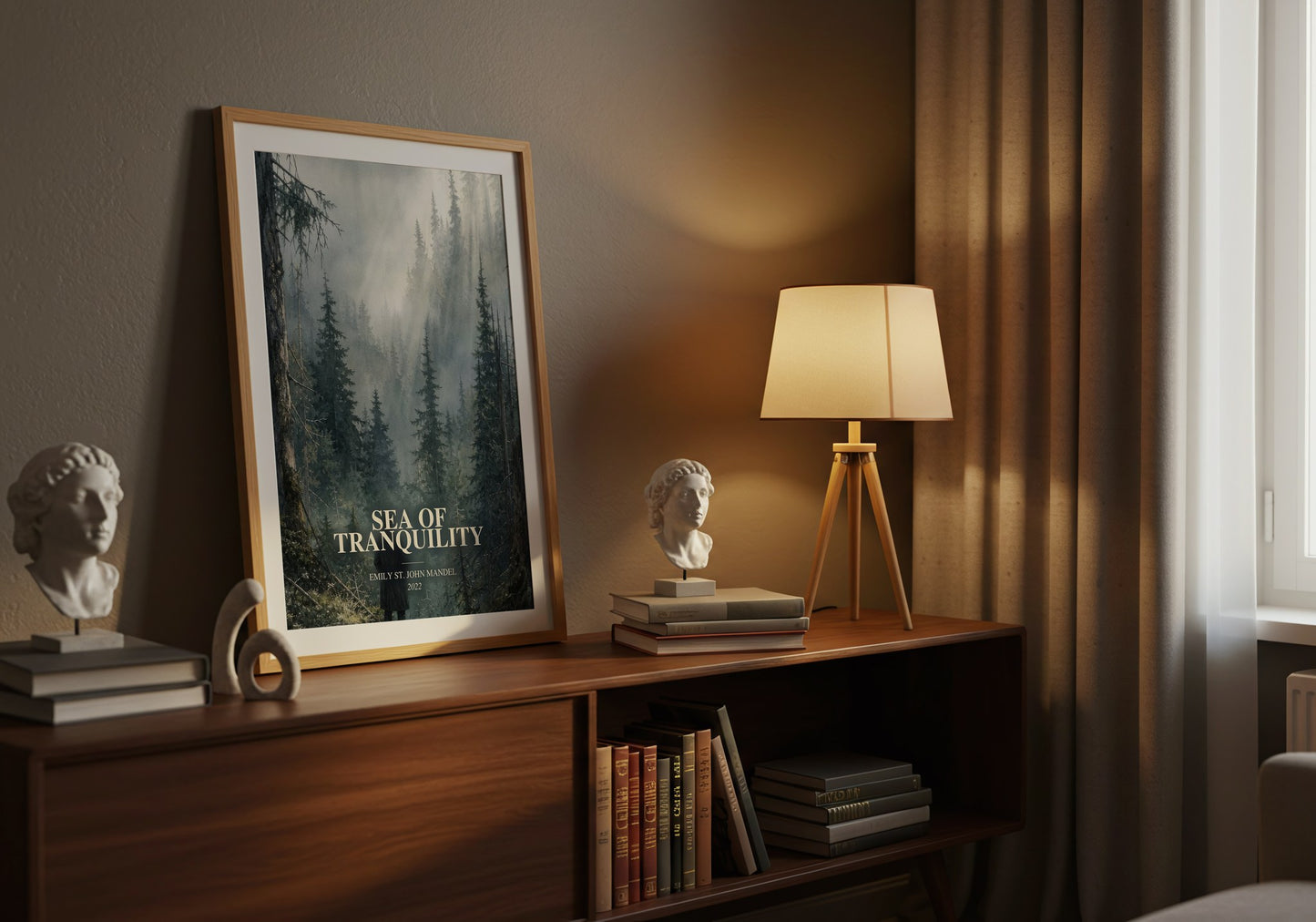 Sea Of Tranquility watercolour print on bookshelf – Emily St. John Mandel fan gift
