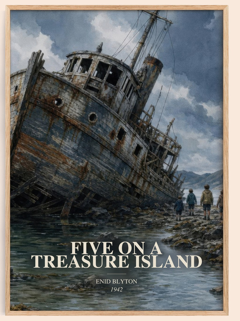 Five On A Treasure Island watercolour book poster by Enid Blyton – framed literary art print