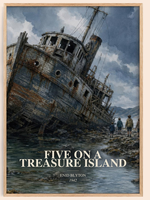 Five On A Treasure Island watercolour book poster by Enid Blyton – framed literary art print
