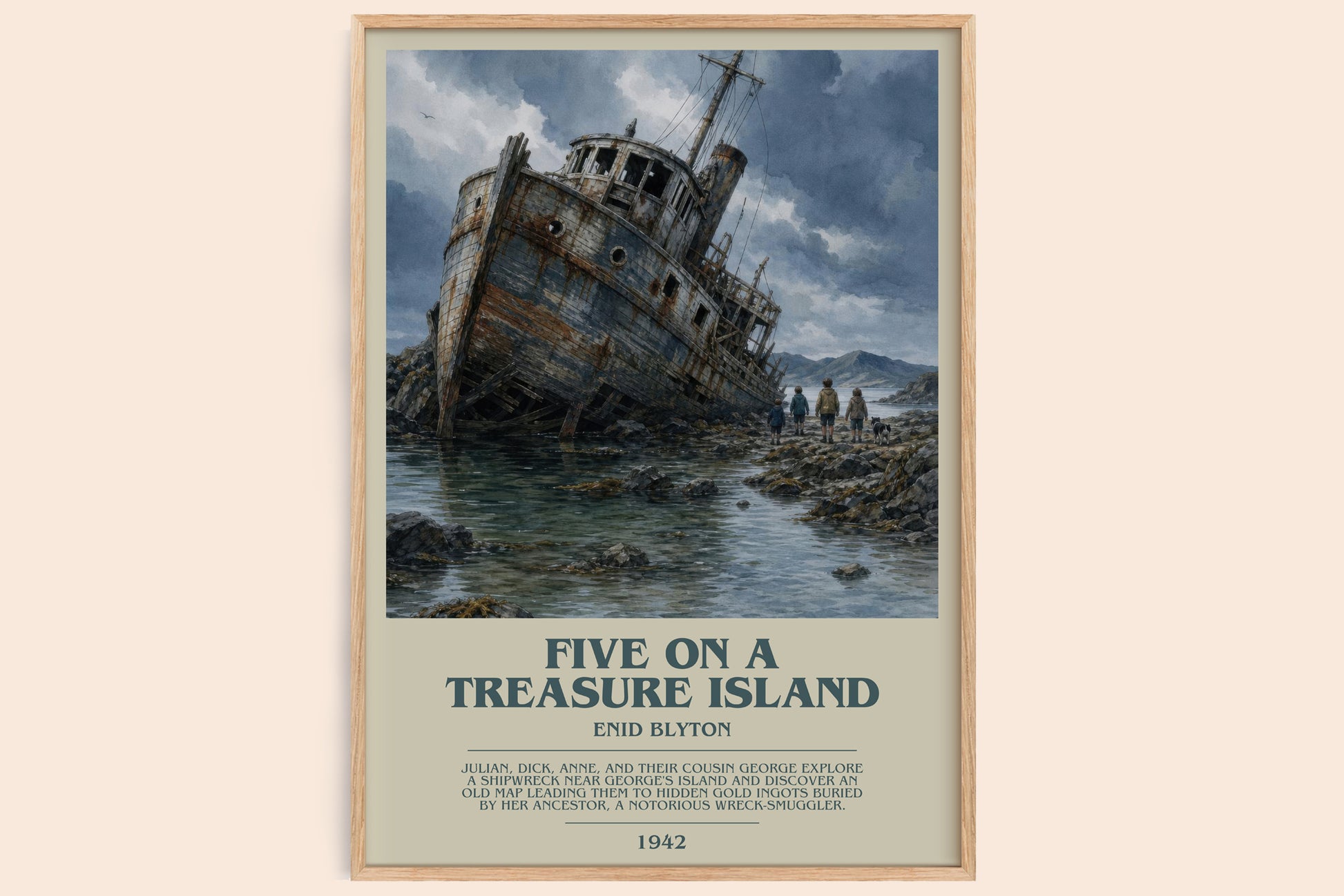 Five On A Treasure Island bookish book poster by Enid Blyton – framed literary art print