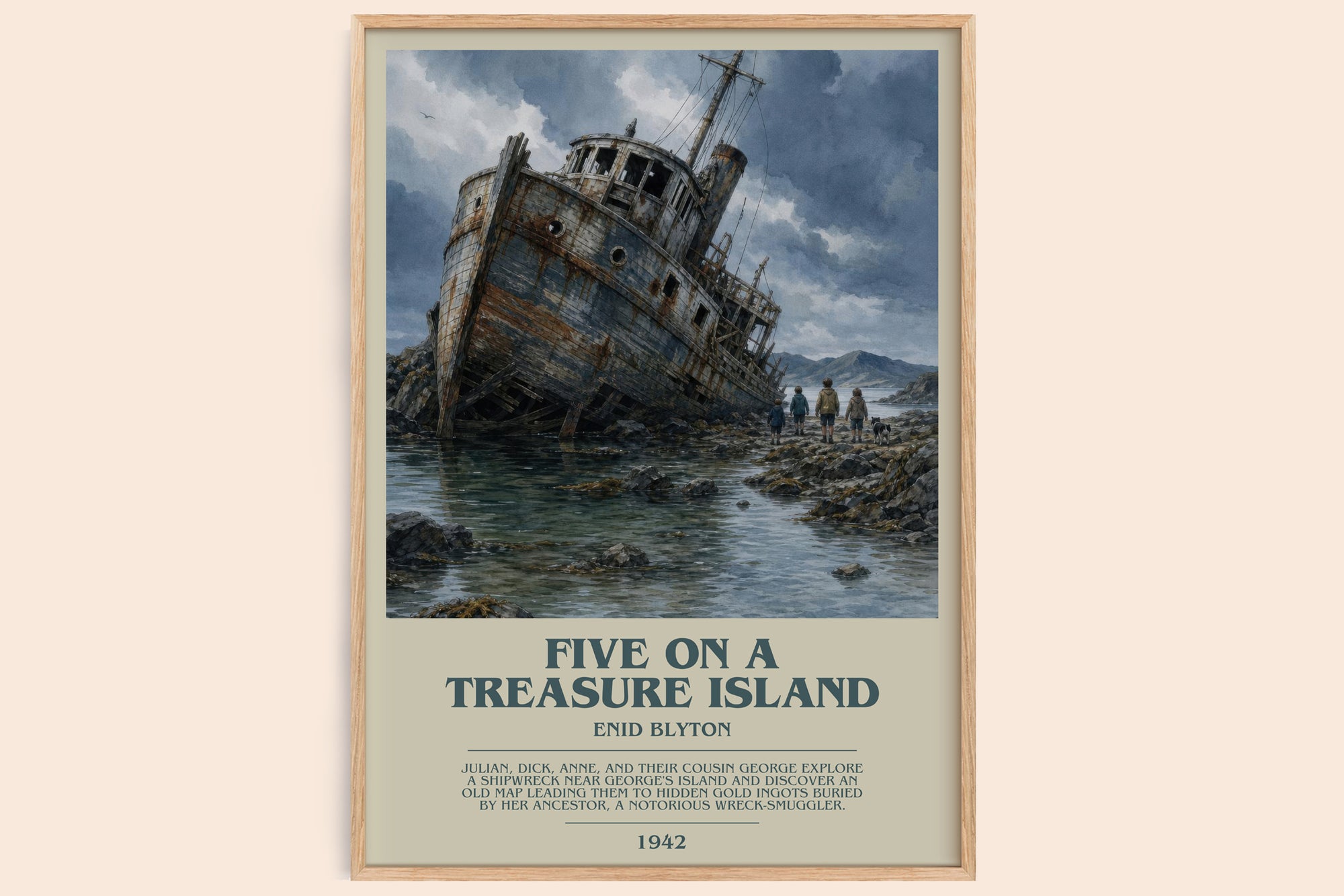 Five On A Treasure Island bookish book poster by Enid Blyton – framed literary art print