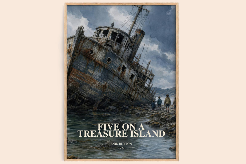 Five On A Treasure Island watercolour book poster by Enid Blyton – framed literary art print