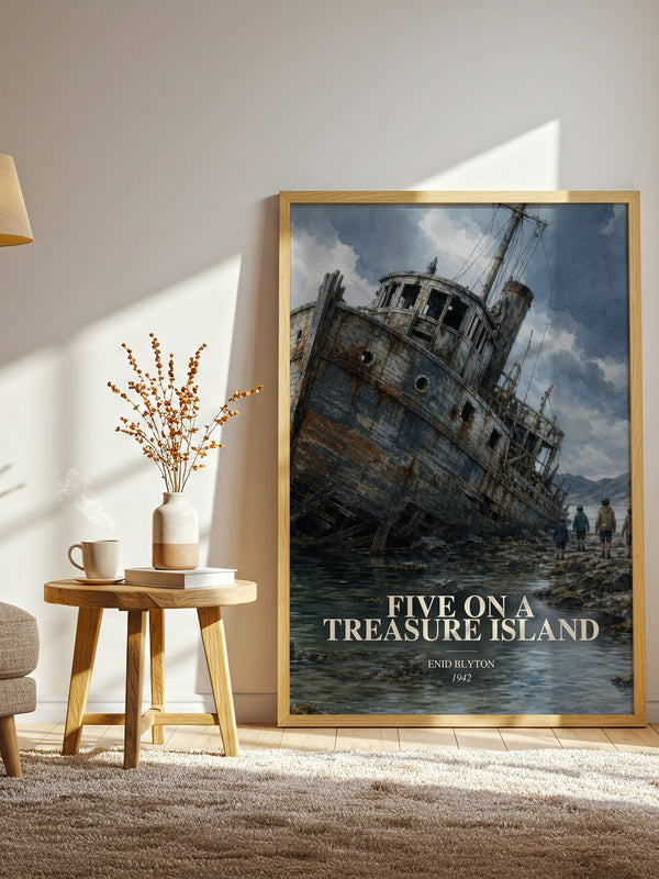 Five On A Treasure Island watercolour print in frame leaning in hallway – childrens wall art
