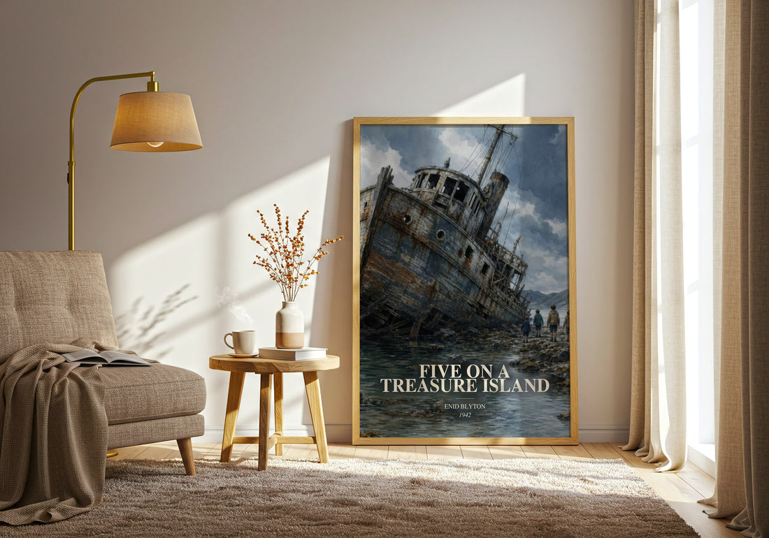 Five On A Treasure Island watercolour print in frame leaning in hallway – childrens wall art (mockup)