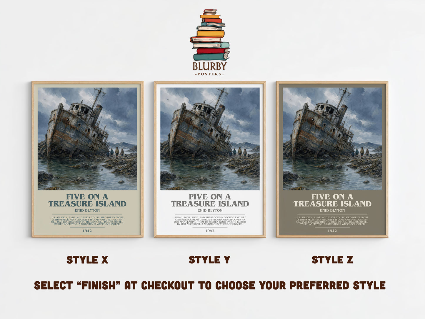 Five On A Treasure Island bookish print in frame leaning in hallway – childrens wall art