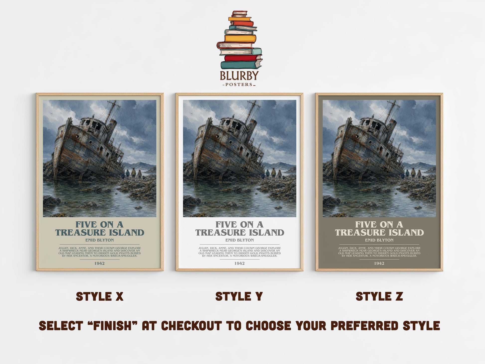 Five On A Treasure Island bookish print in frame leaning in hallway – childrens wall art