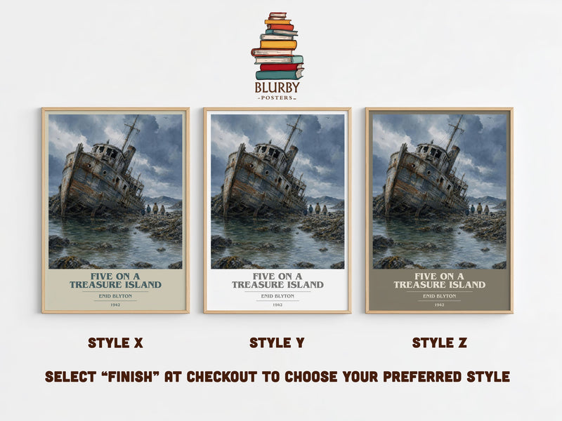 Five On A Treasure Island book cover print in frame leaning in hallway – childrens wall art