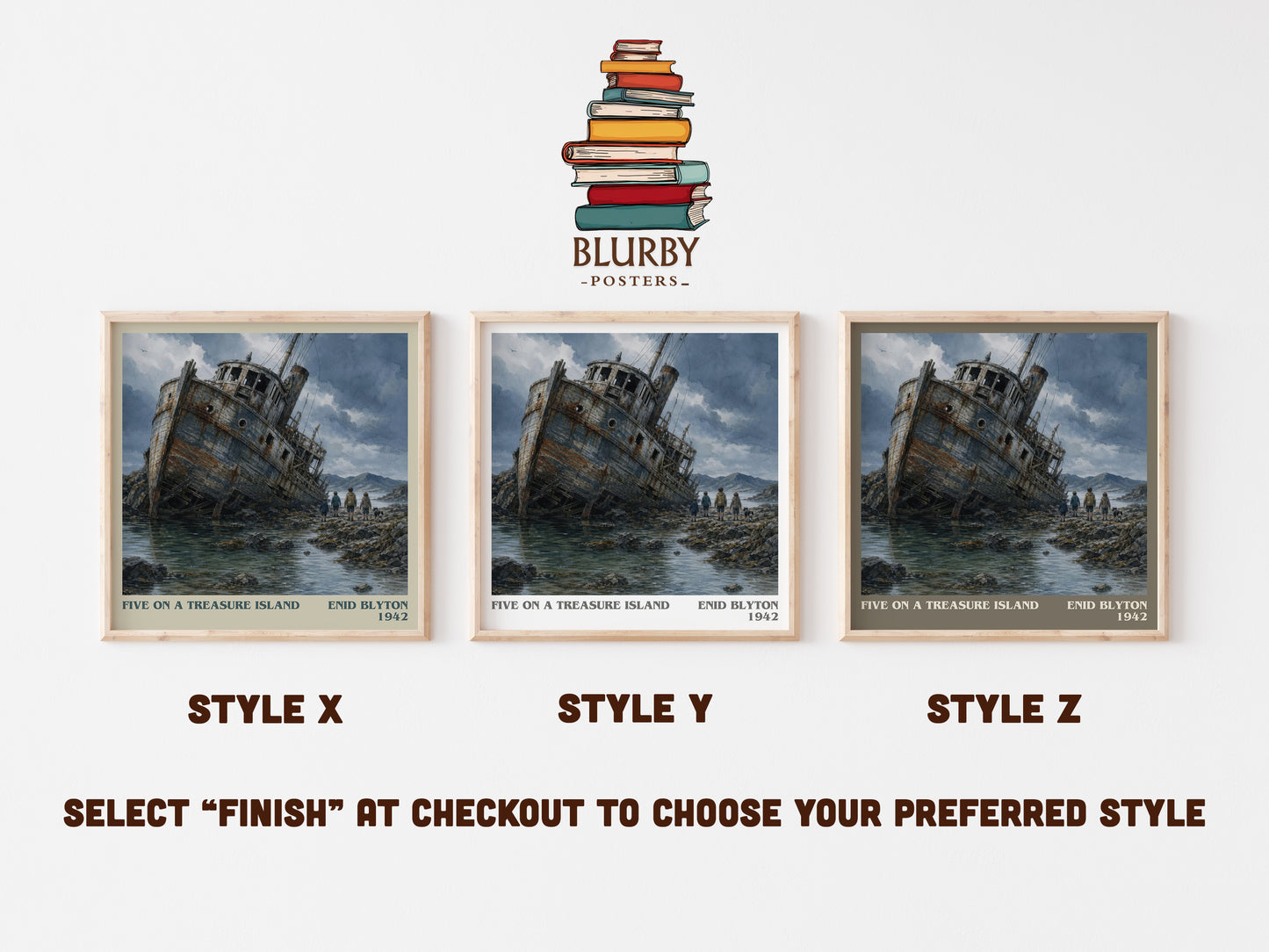 Five On A Treasure Island literary print in frame leaning in hallway – childrens wall art