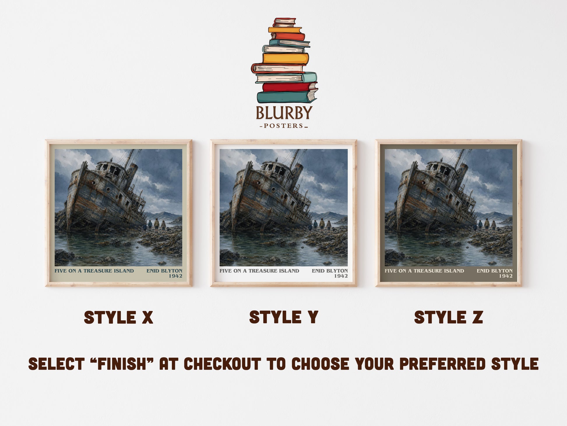 Five On A Treasure Island literary print in frame leaning in hallway – childrens wall art