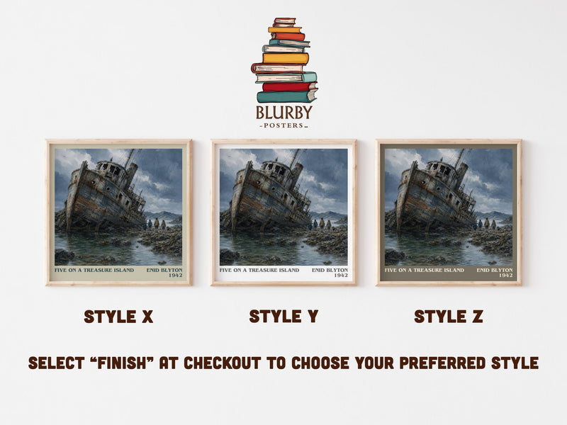 Five On A Treasure Island literary print in frame leaning in hallway – childrens wall art