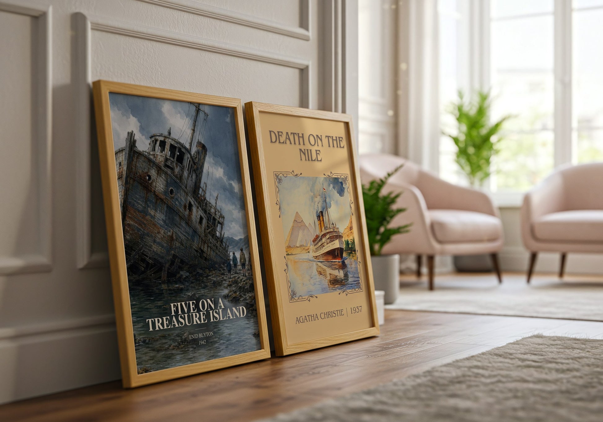 Five On A Treasure Island watercolour print framed by window – literary home decor