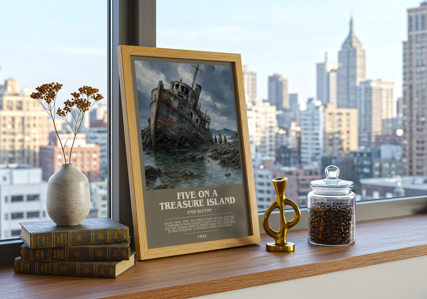 Five On A Treasure Island bookish print framed by window – literary home decor