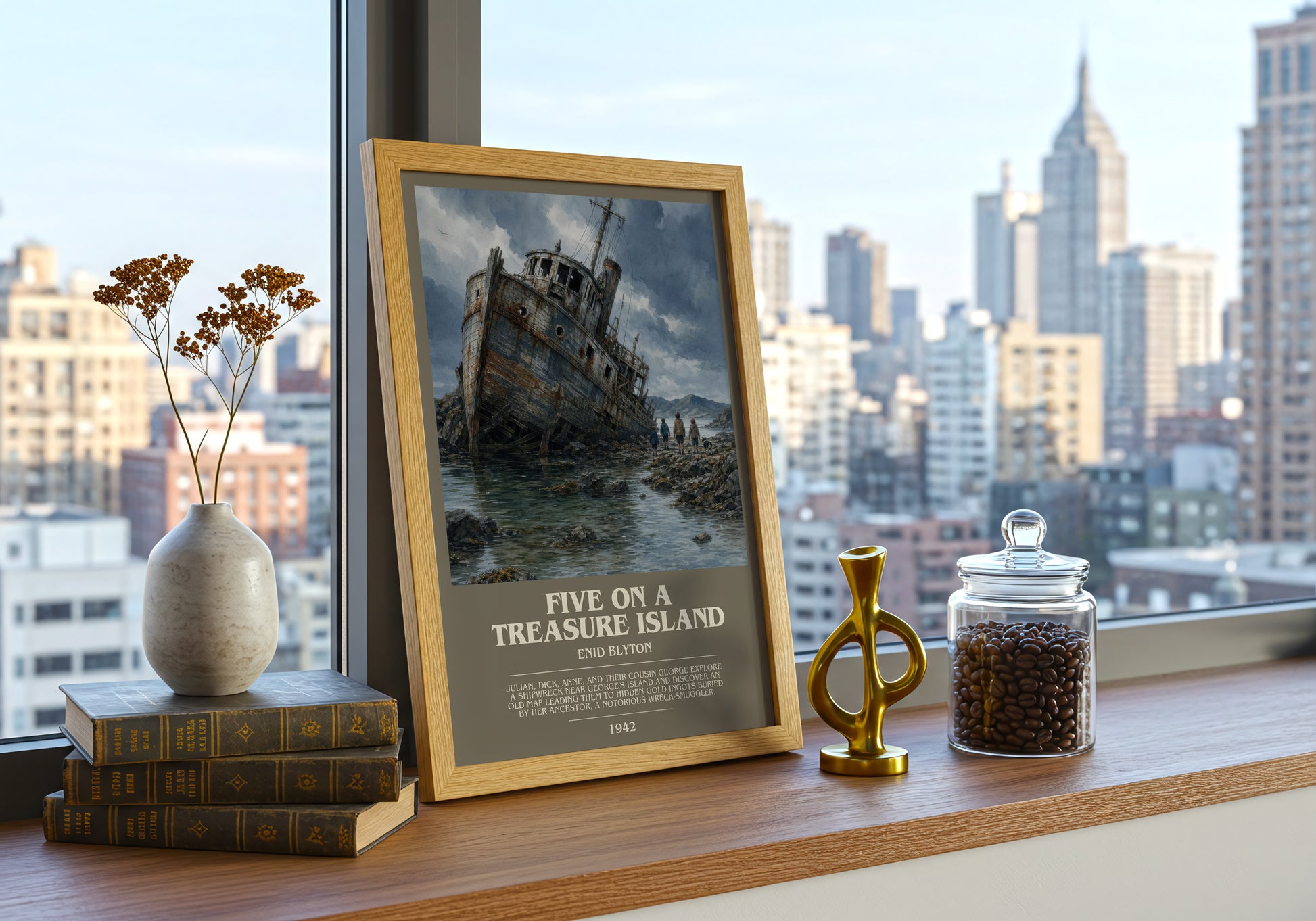 Five On A Treasure Island bookish print framed by window – literary home decor