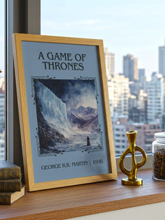 A Game Of Thrones Classic Book Art Print by George R.R. Martin – framed print on a city-view windowsill