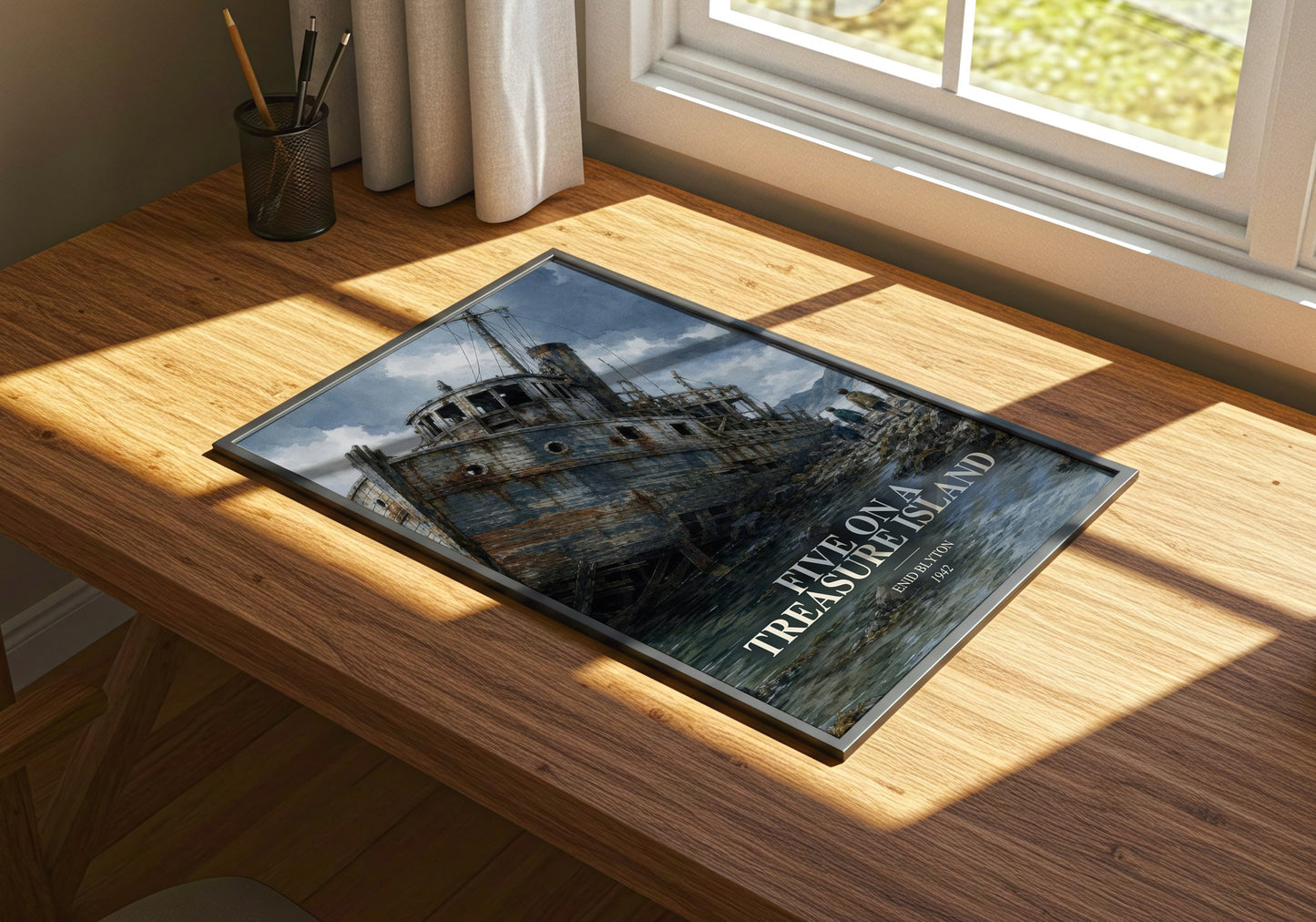 Five On A Treasure Island watercolour book poster framed on wall – childrens wall art