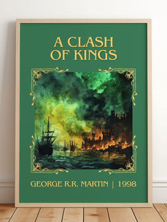 A Clash of Kings Classic Book Art Print by George R. R. Martin – framed print leaning on a wooden floor