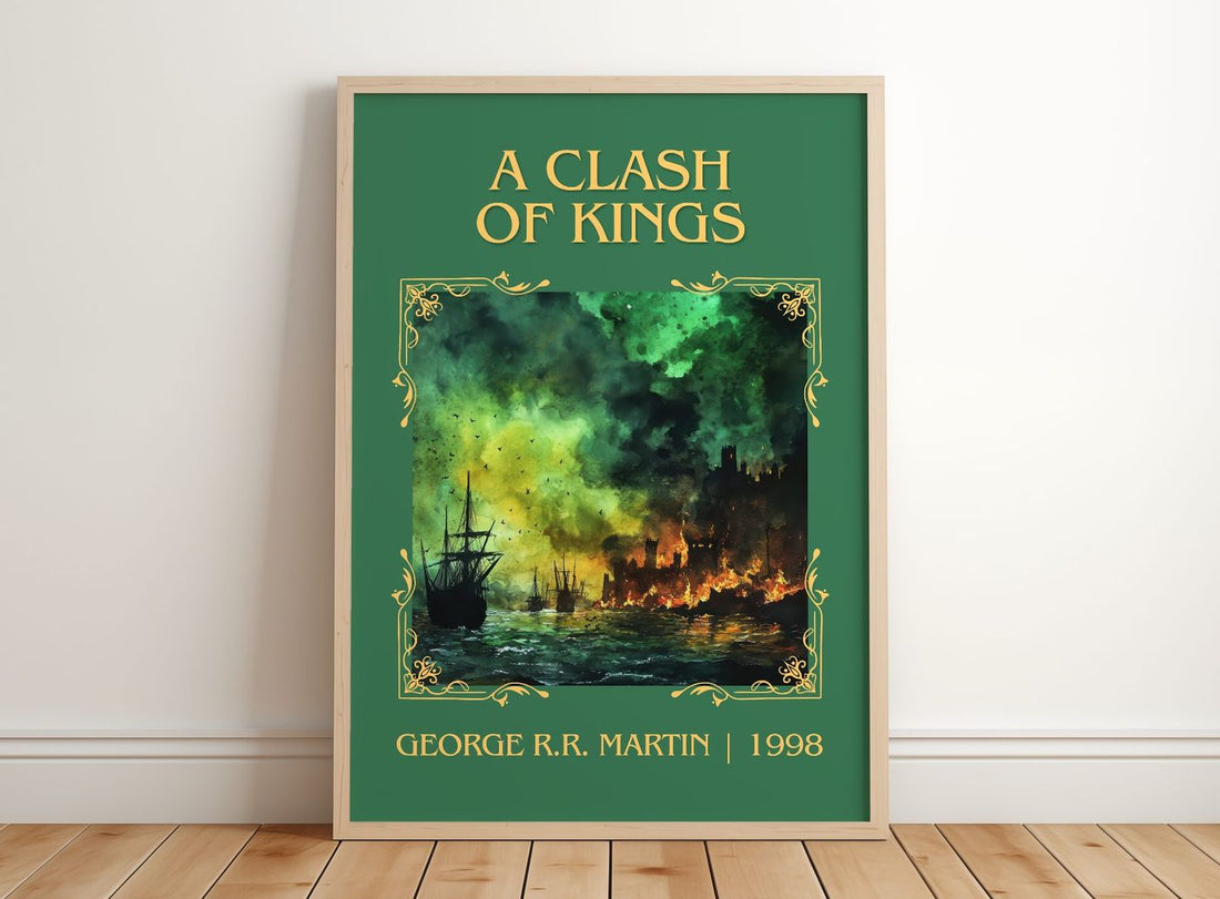 A Clash of Kings Classic Book Art Print by George R. R. Martin – framed print leaning on a wooden floor