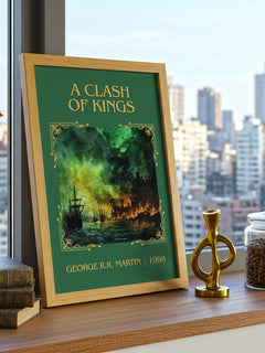 A Clash of Kings Classic Book Art Print by George R. R. Martin – framed print on a city-view windowsill