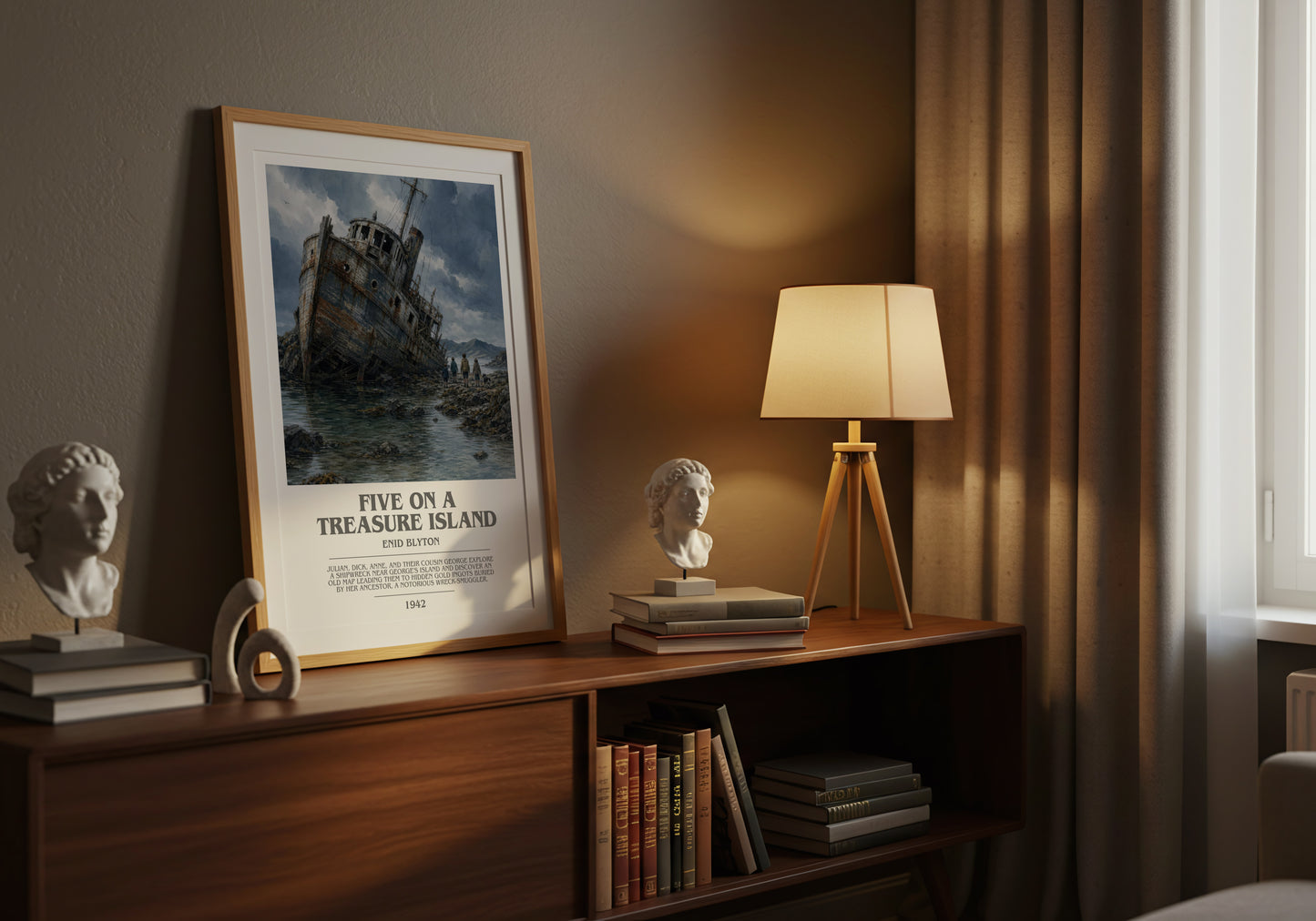 Five On A Treasure Island bookish book poster framed on wall – childrens wall art