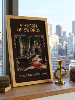 A Storm of Swords Classic Book Art Print by George R. R. Martin – framed print on a city-view windowsill