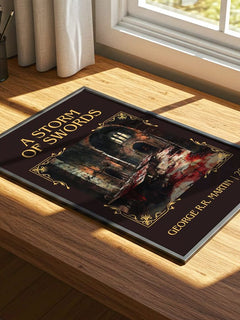 A Storm of Swords Classic Book Art Print by George R. R. Martin – print on a sunlit desk