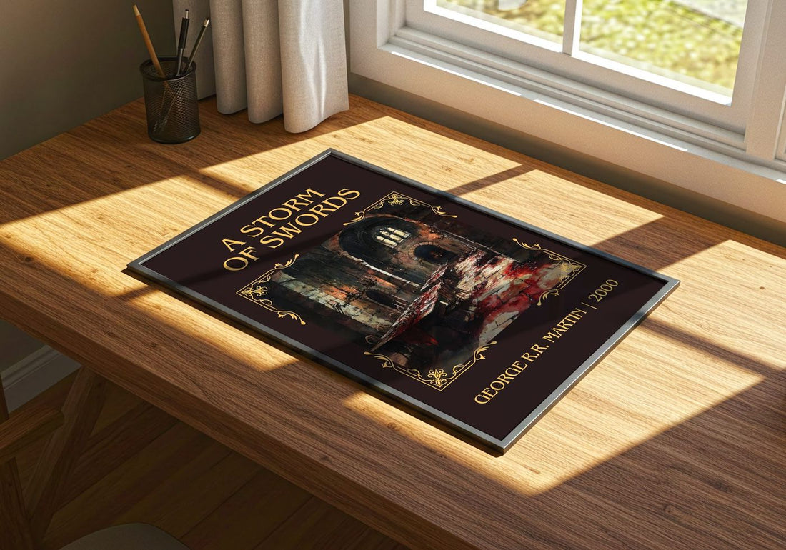 A Storm of Swords Classic Book Art Print by George R. R. Martin – print on a sunlit desk
