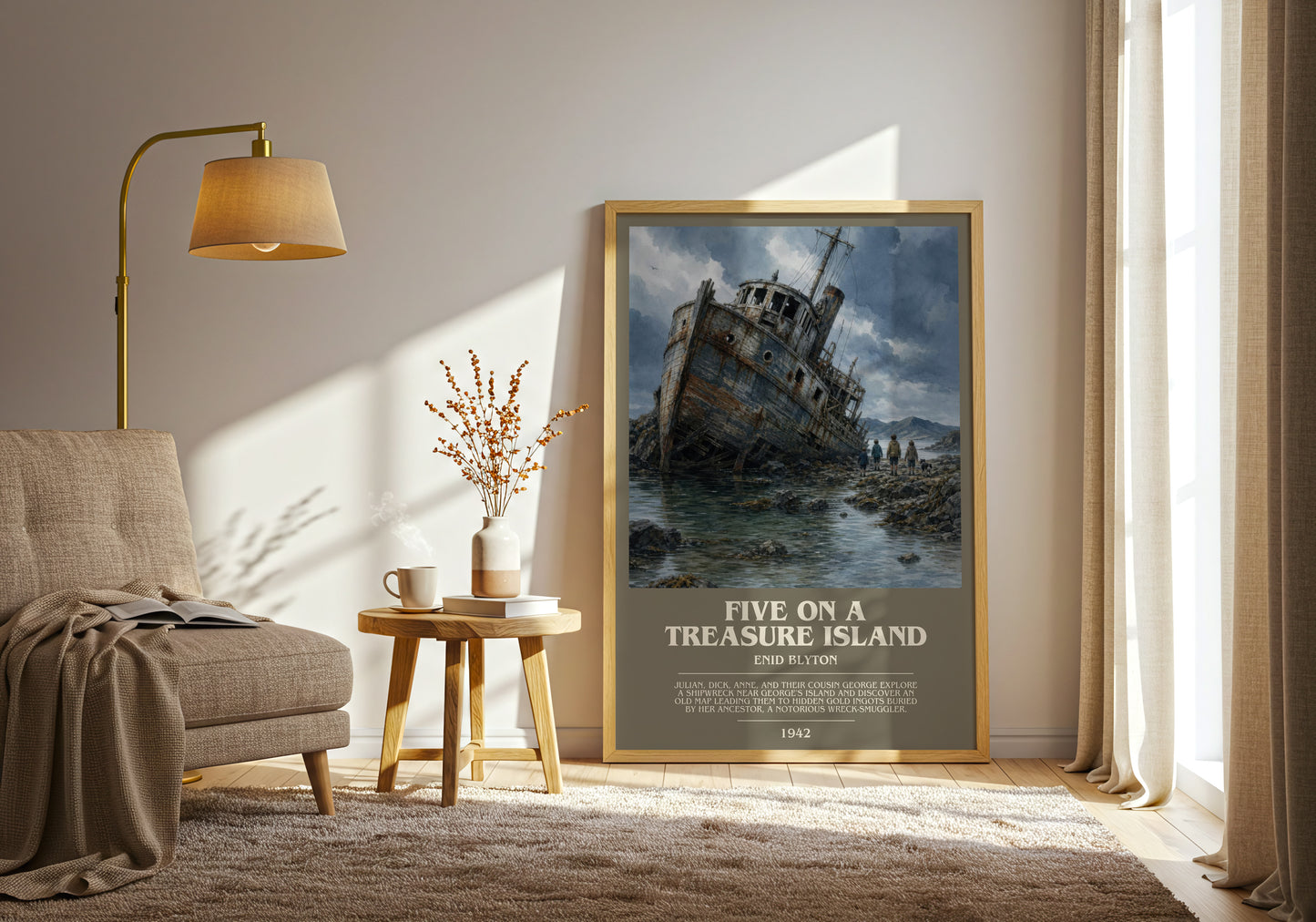 Five On A Treasure Island bookish print on bookshelf – Enid Blyton fan gift