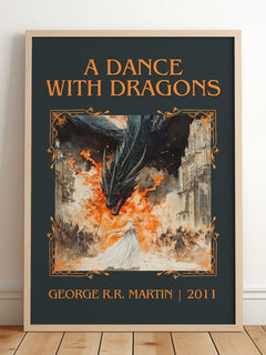 A Dance With Dragons Classic Book Art Print by George R.R. Martin – framed print leaning on a wooden floor