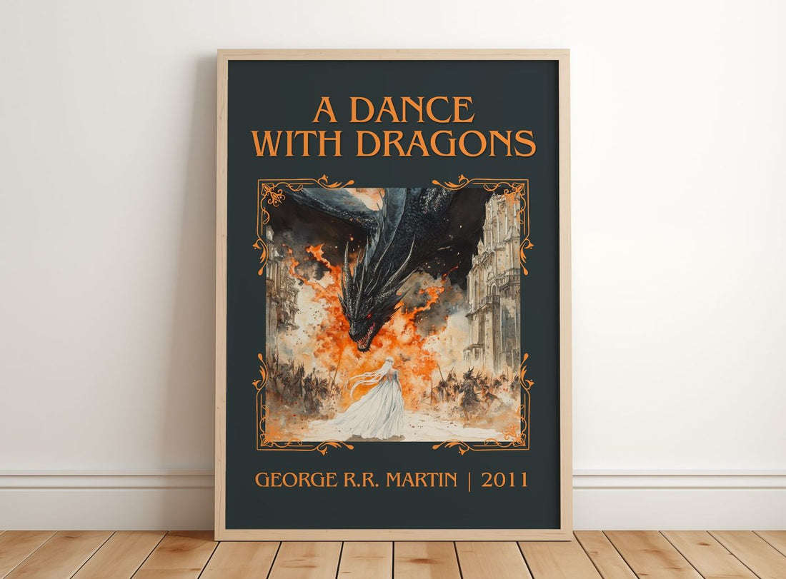 A Dance With Dragons Classic Book Art Print by George R.R. Martin – framed print leaning on a wooden floor