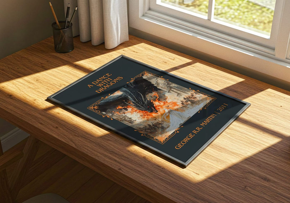 A Dance With Dragons Classic Book Art Print by George R.R. Martin – print on a sunlit desk
