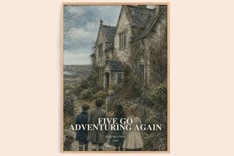 Five Go Adventuring Again watercolour book poster by Enid Blyton – framed literary art print