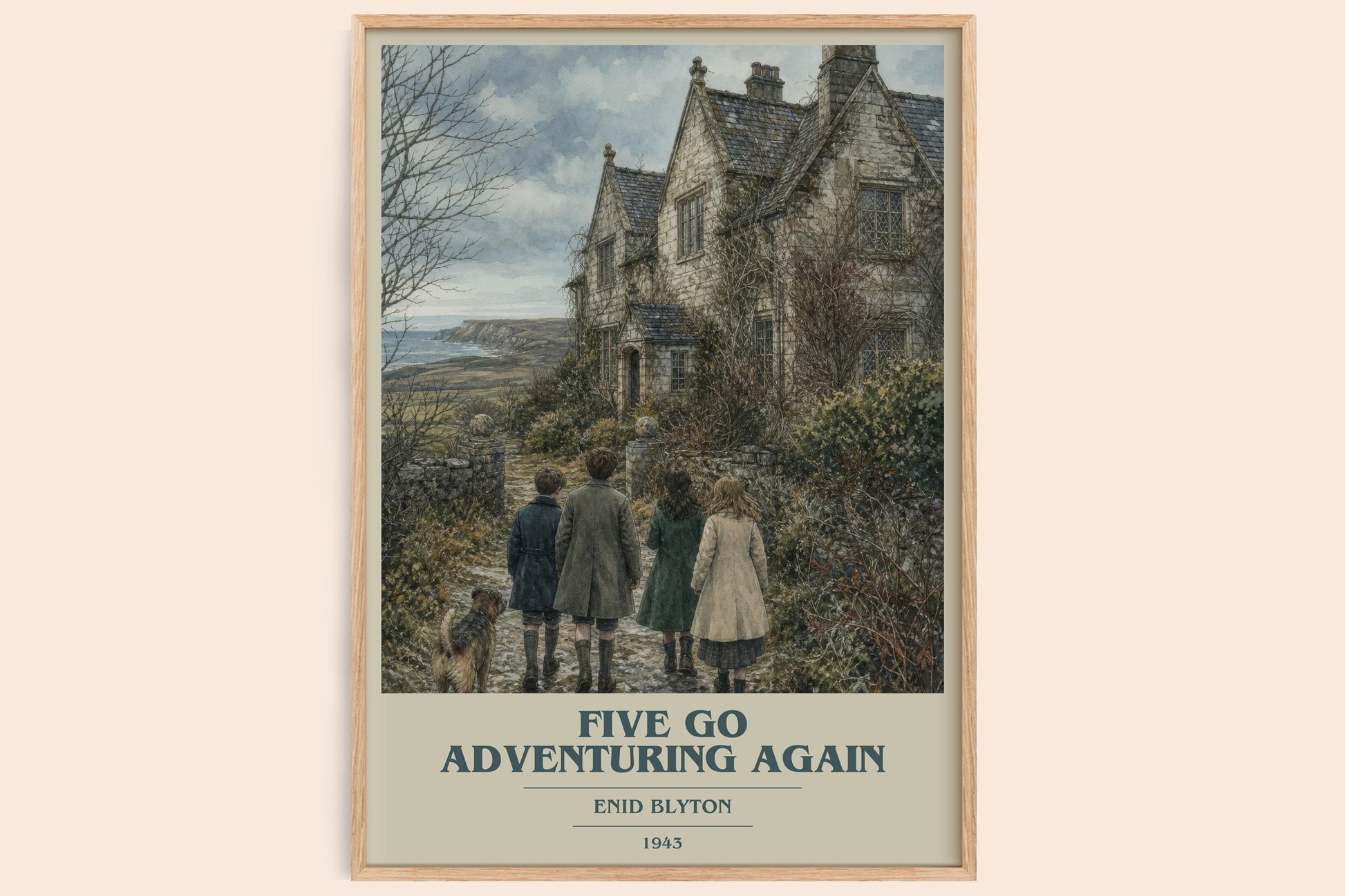 Five Go Adventuring Again book cover book poster by Enid Blyton – framed literary art print