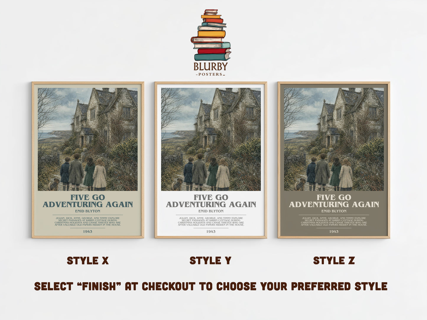 Five Go Adventuring Again bookish print in frame leaning in hallway – childrens wall art
