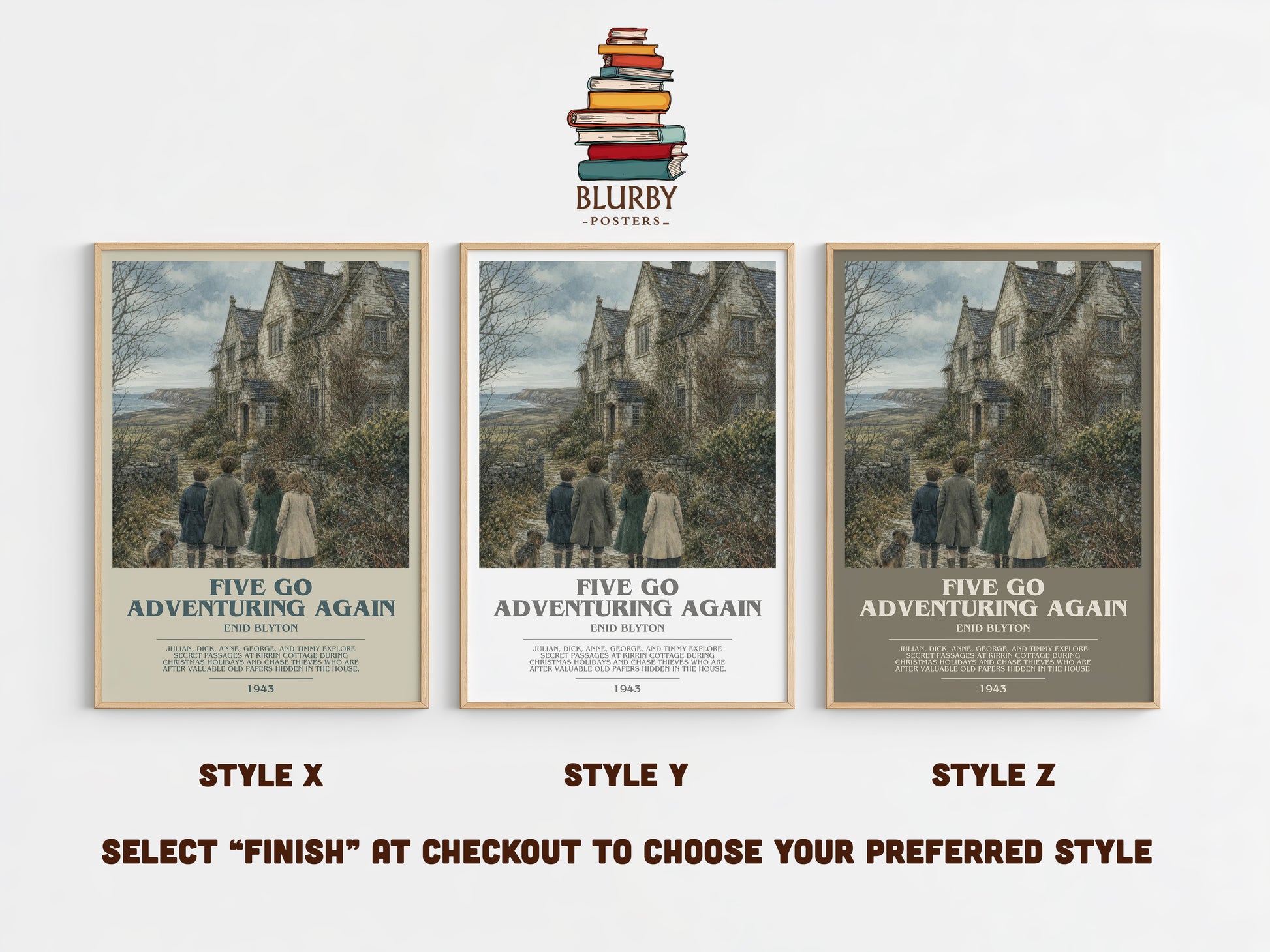 Five Go Adventuring Again bookish print in frame leaning in hallway – childrens wall art