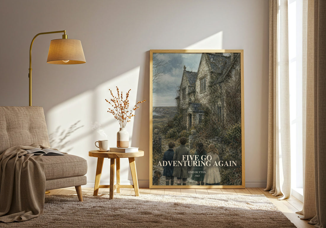 Five Go Adventuring Again watercolour print in frame leaning in hallway – childrens wall art (mockup)