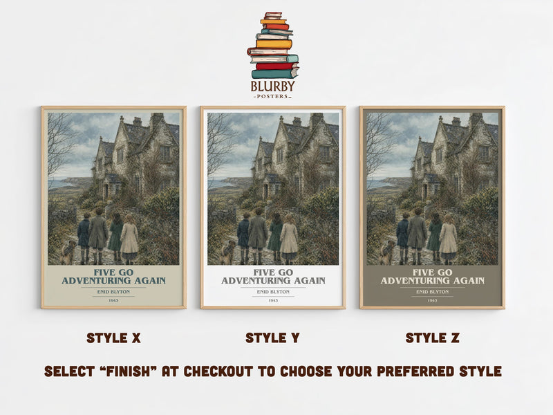 Five Go Adventuring Again book cover print in frame leaning in hallway – childrens wall art