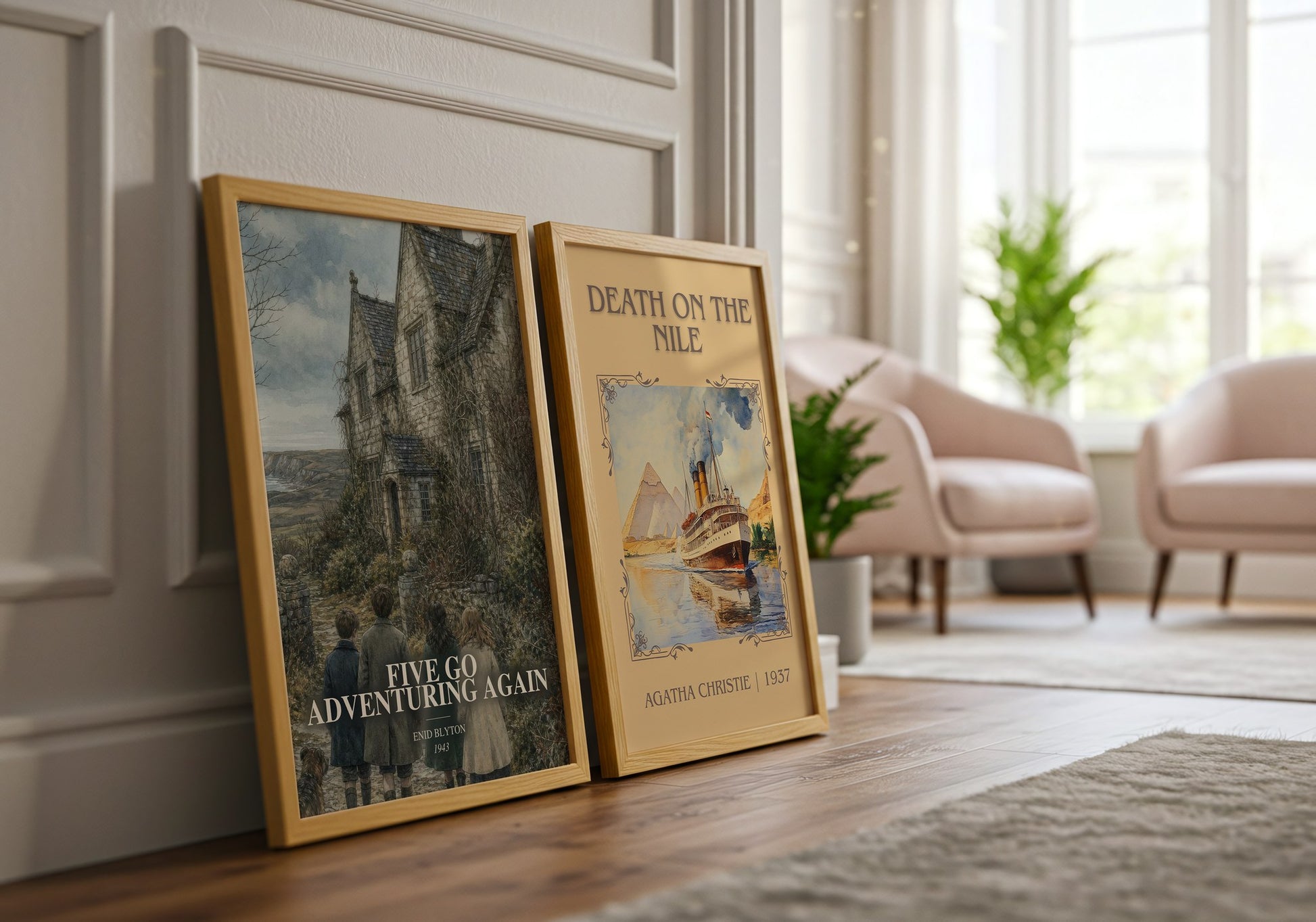 Five Go Adventuring Again watercolour print framed by window – literary home decor